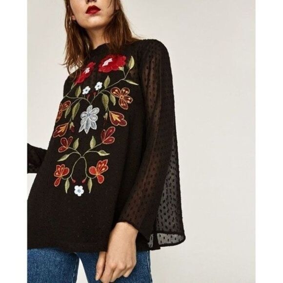 ZARA Sheer Plumetis Blouse with Embroidery – Black Top, Size S - Picture 7 of 8